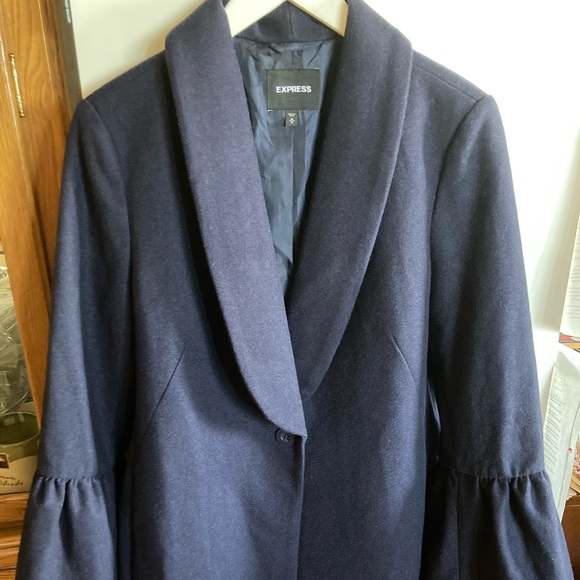 Express Navy Blue Wool Blend Bell Sleeve Pea Coat - Picture 3 of 11